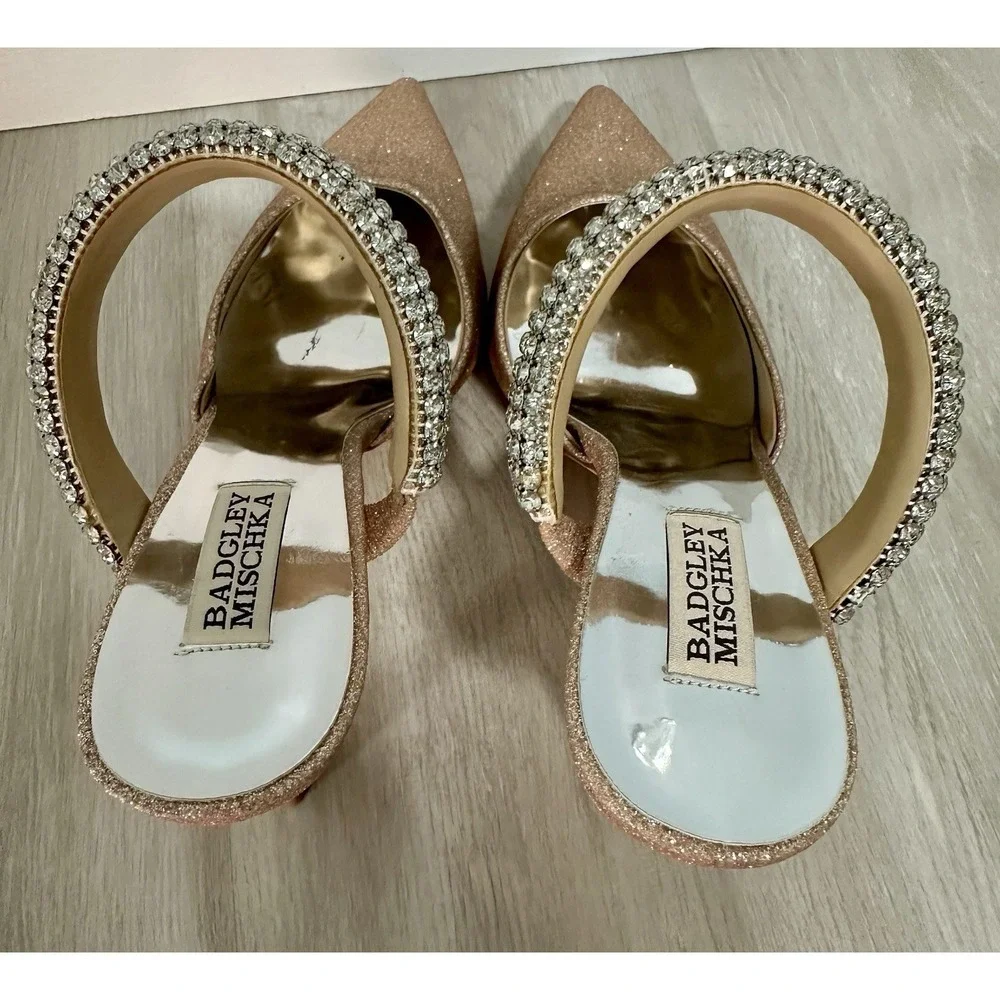 Badgley Mischka Nori Mules Women 8 Rose Gold Excellent Crystal Glitter Heels